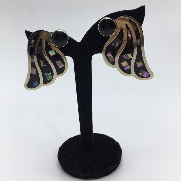 ALPACA MEXICAN SILVER CLIP-ON EARRINGS ABALONE K72 - Picture 2 of 8